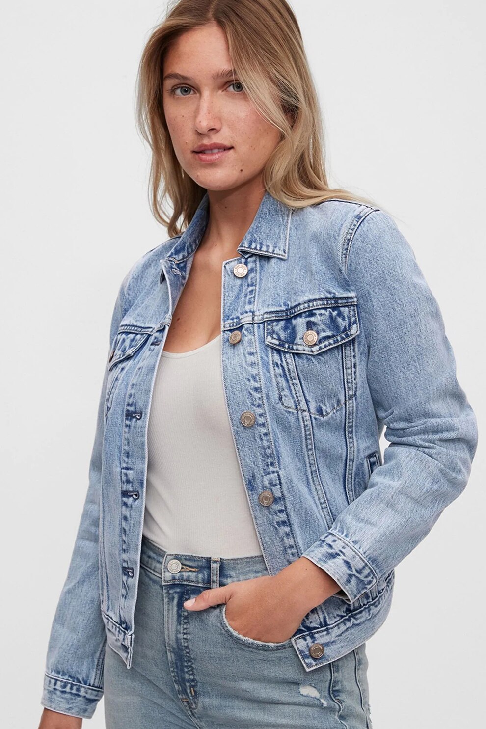 GAP, Jacheta de denim cu aspect decolarat, Albastru deschis, XS
