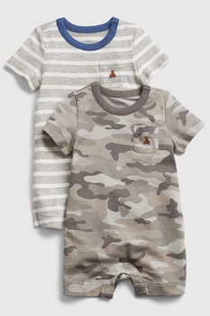 GAP, Set de 2 salopete, baieti, cu model camuflaj si in dungi, Gri/Alb/Albastru GAP, Set de 2 salopete, baieti, cu model camuflaj si in dungi, Gri/Alb/Albastru