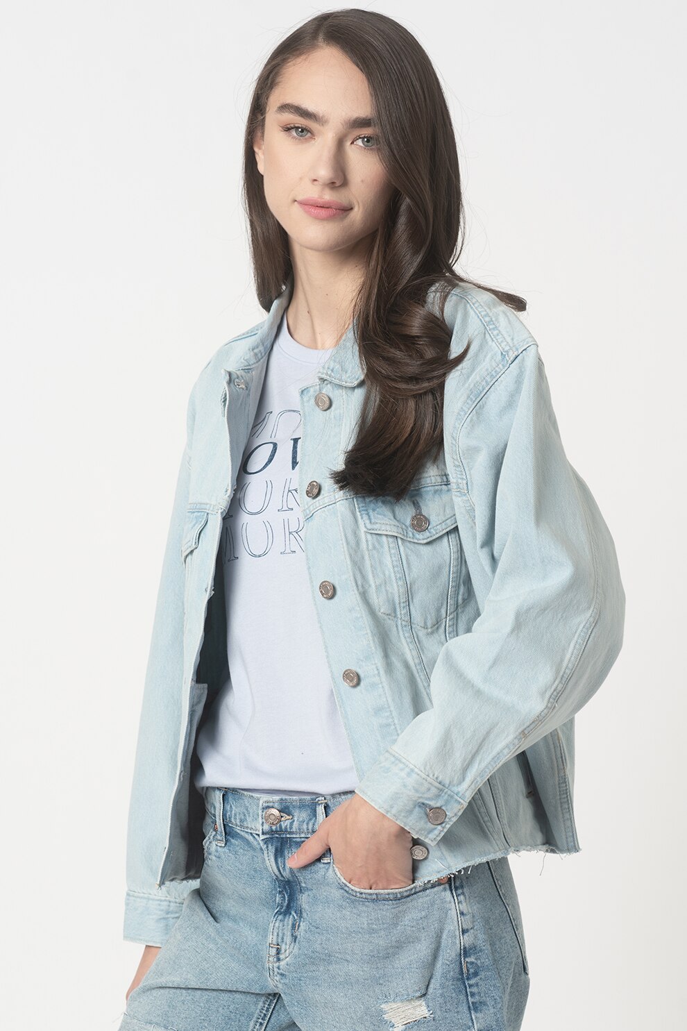 GAP, Jacheta din denim cu buzunare pe piept, Albastru deschis