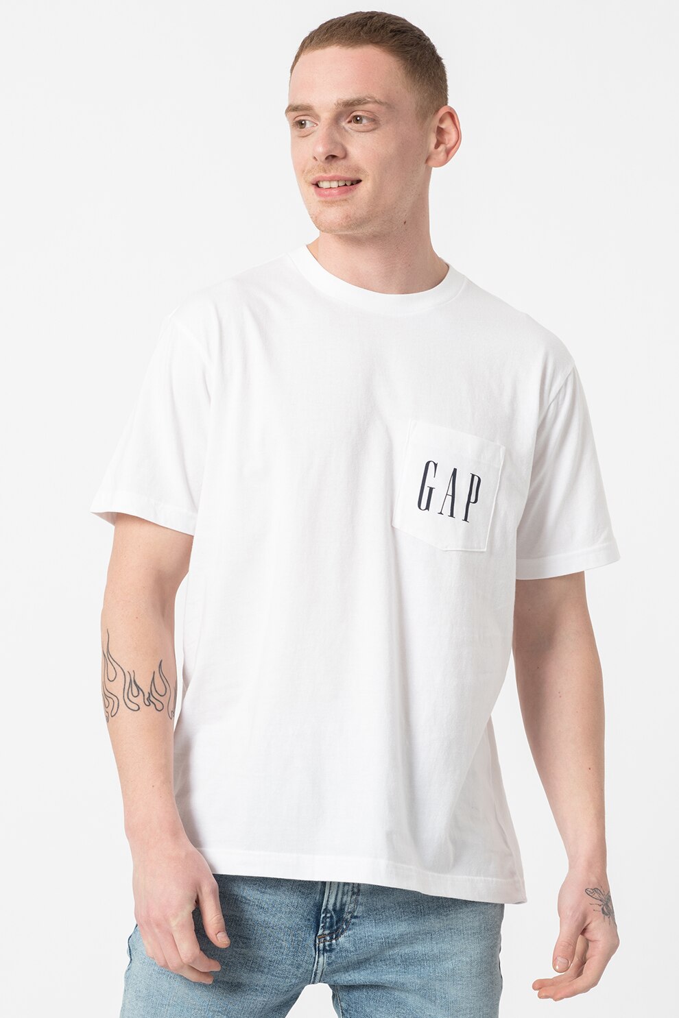 GAP, Tricou cu imprimeu logo ', Alb/Bleumarin inchis, XL
