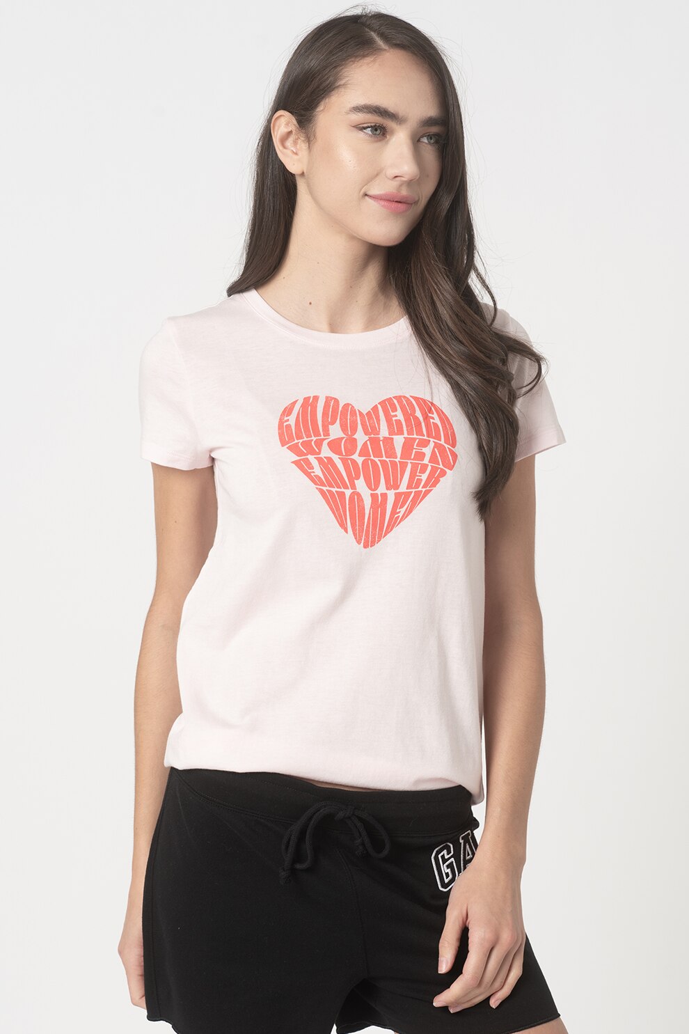 GAP, Tricou cu imprimeu si decolteu rotund, Roz pastel/Rosu