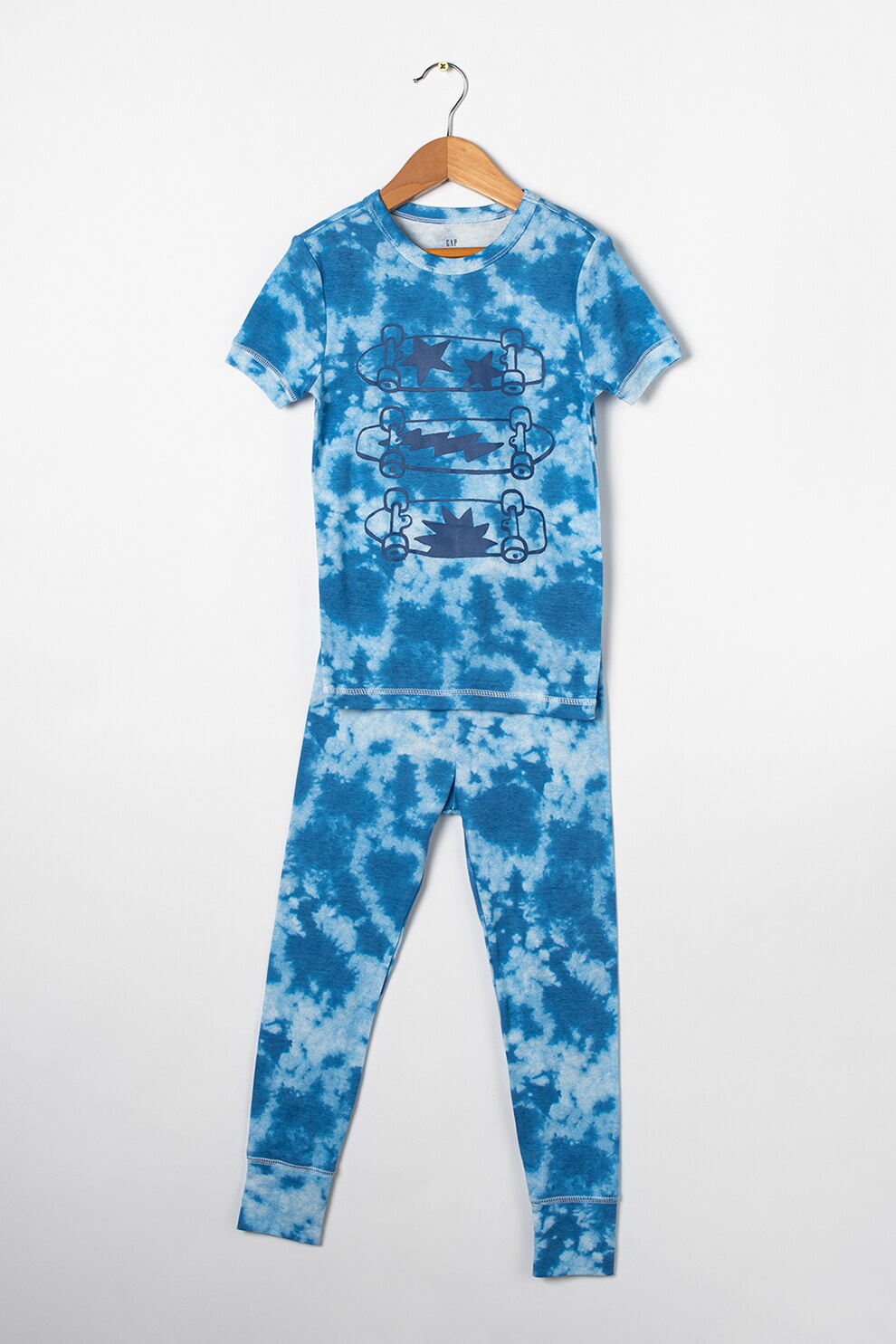 GAP, Pijama cu model tie-dye si imprimeu grafic, Albastru