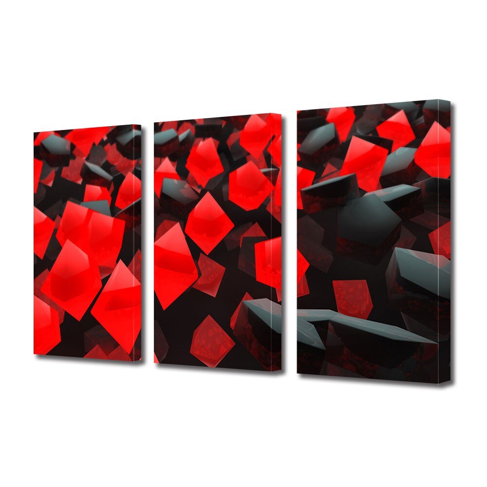 Set Tablouri Multicanvas 3 Piese Abstract Decorativ Cuburi rosi si negre, 100 x 210 cm