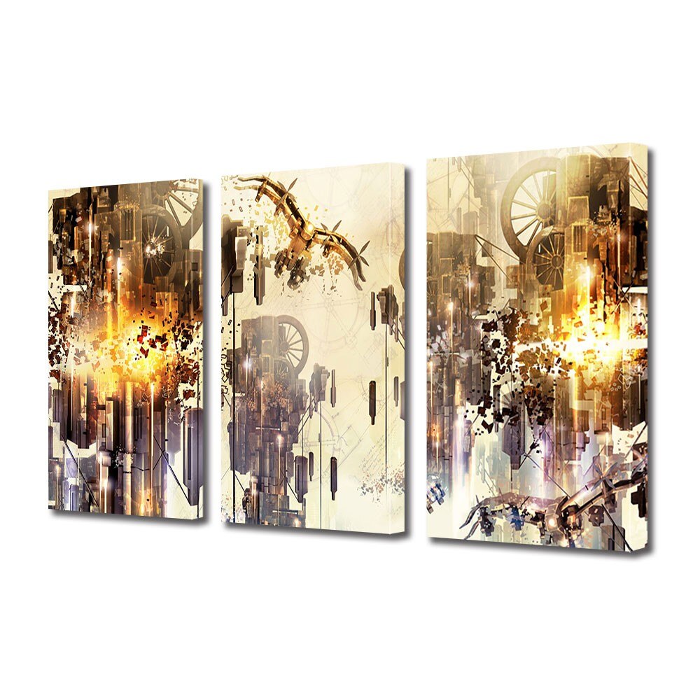 Set Tablouri Multicanvas 3 Piese Abstract Decorativ Mecanic, 100 x 210 cm