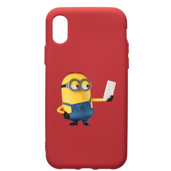 Husa de protectie Apple iPhone XS / iPhone X, Minion Selfie, silicon, cu interiorul din material textil, protectie camera, Red, PR211 Husa de protectie Apple iPhone XS / iPhone X, Minion Selfie, silicon, cu interiorul din material textil, protectie camera, Red, PR211