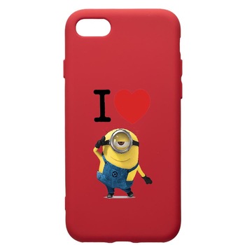 Husa de protectie Apple iPhone 8 Plus / iPhone 7 Plus, I Love Minion, silicon, cu interiorul din material textil, protectie camera, Red, PR216 Husa de protectie Apple iPhone 8 Plus / iPhone 7 Plus, I Love Minion, silicon, cu interiorul din material textil, protectie camera, Red, PR216