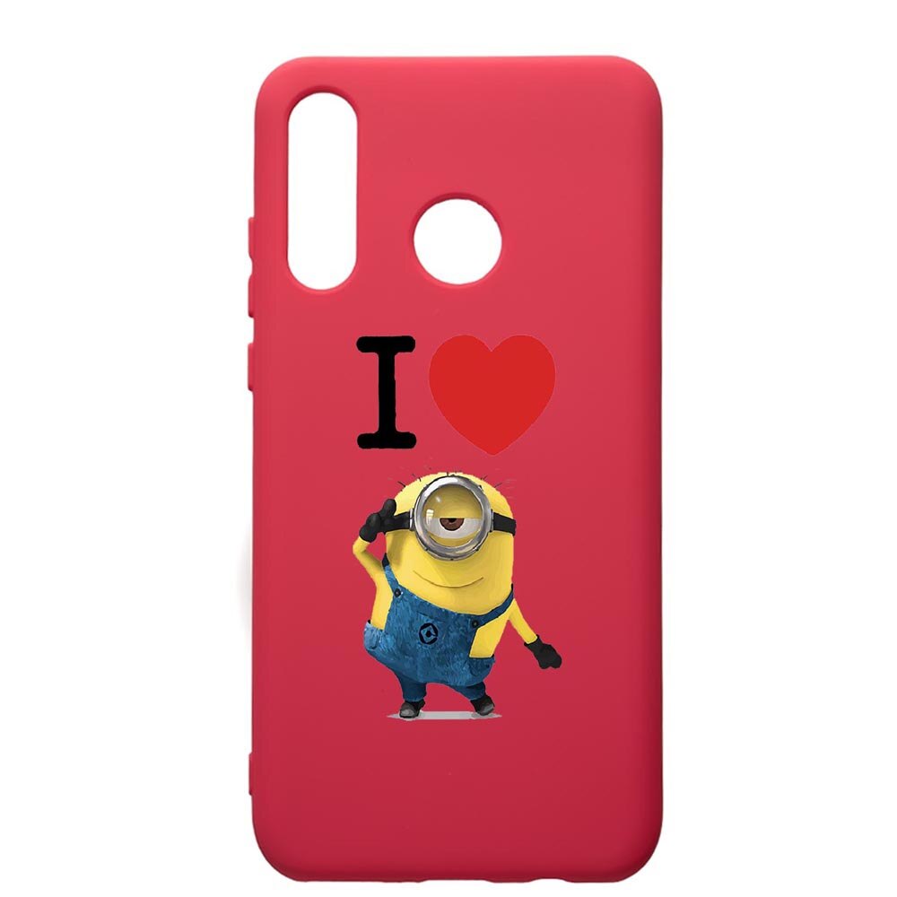 Husa de protectie Huawei P30 Lite, I Love Minion, silicon, cu interiorul din material textil, protectie camera, Maroon, PM216