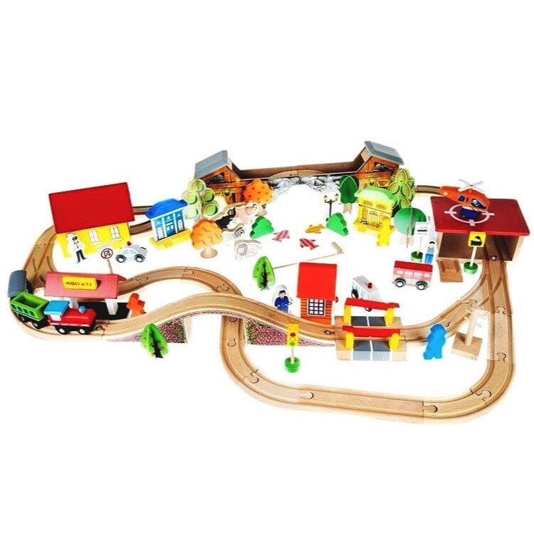 Set complex de joaca din lemn, Zola®, oraselul vesel, 89 piese, multicolor, animale, masini, elicopter, case, tren, figurine