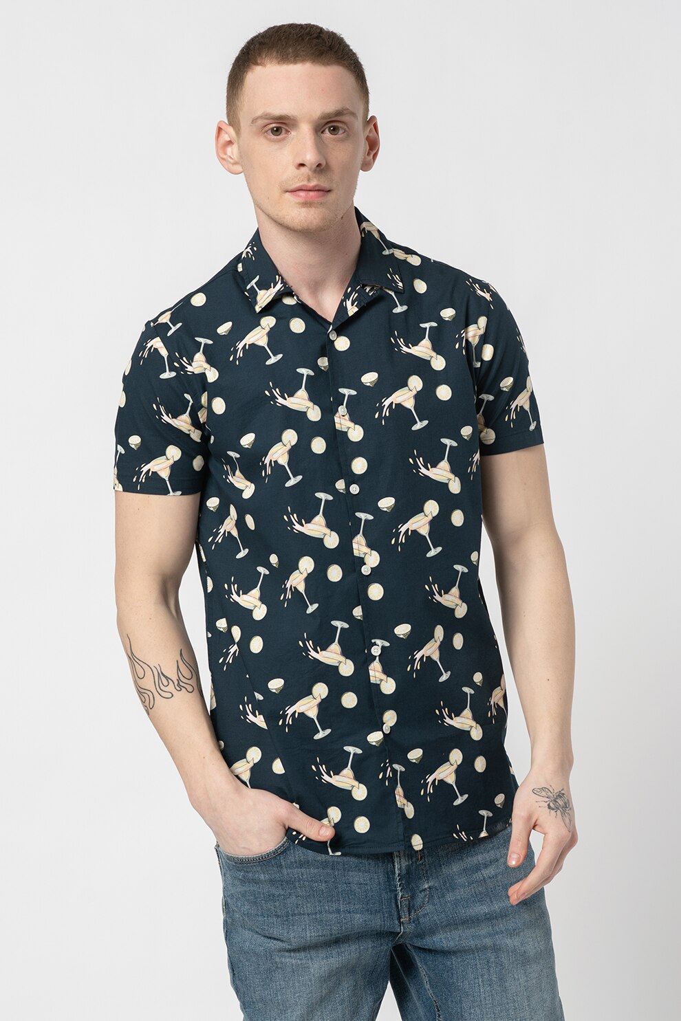 !Solid, Camasa cu imprimeu si maneci scurte Rambo, Bleumarin/Galben pai, XL