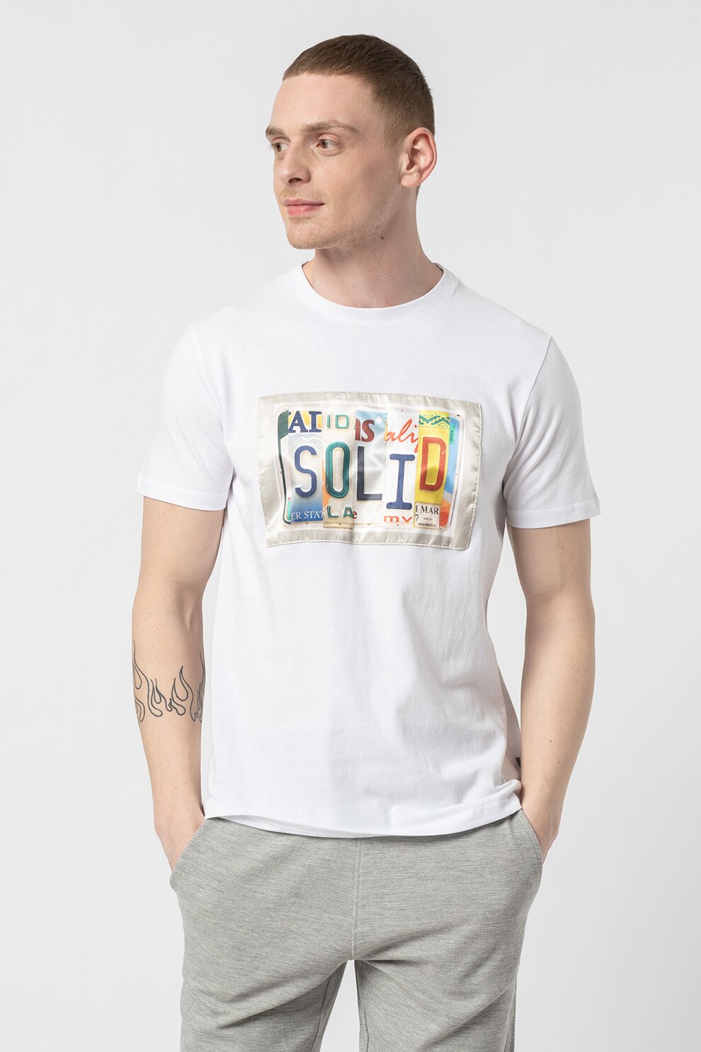 !Solid, Tricou cu aplicatie text Rhyland, Alb optic/Bleumarin/Rosu, S