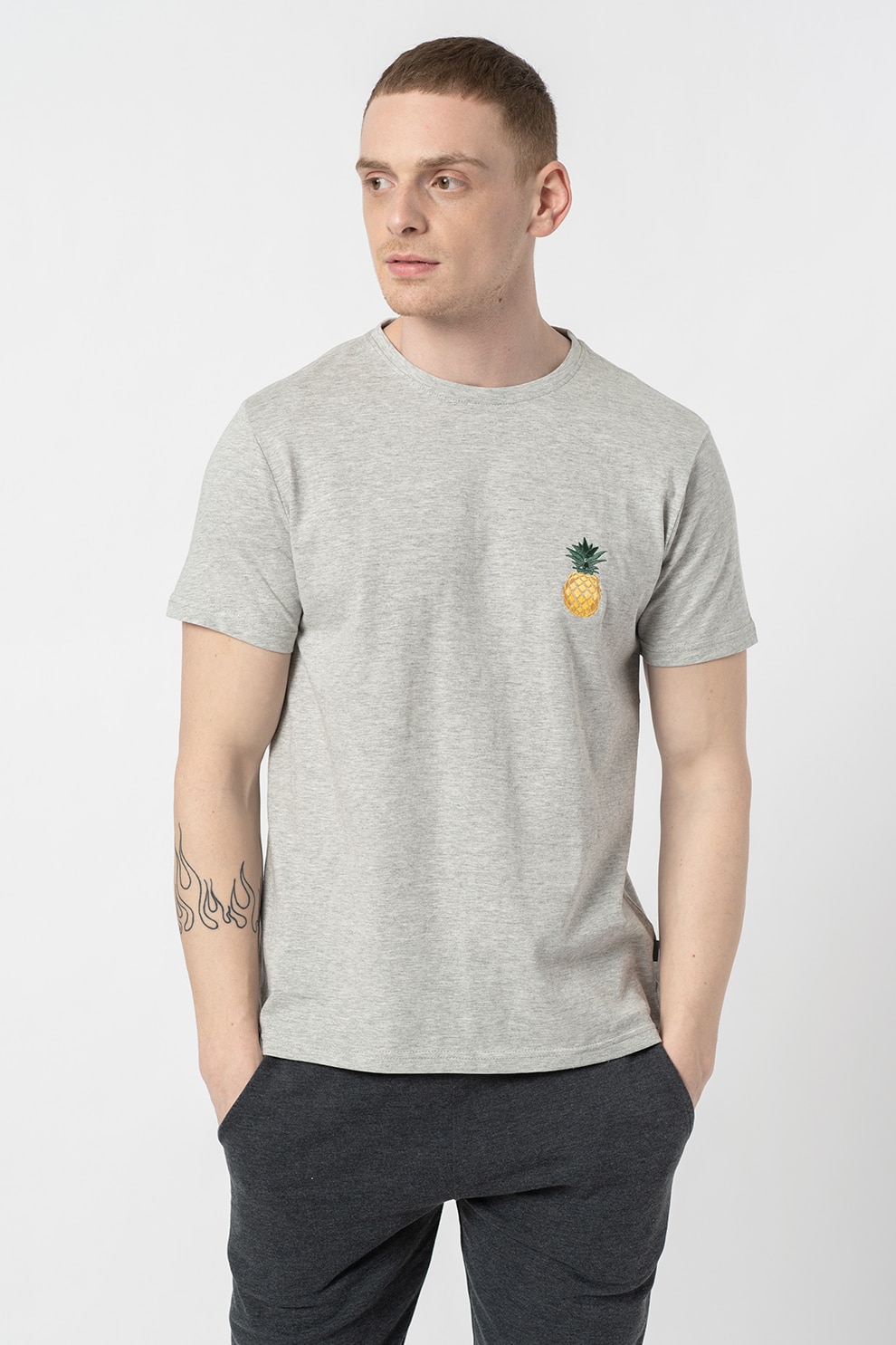 !Solid, Tricou de bumbac organic cu broderie pe piept Ruben, Gri melange, S