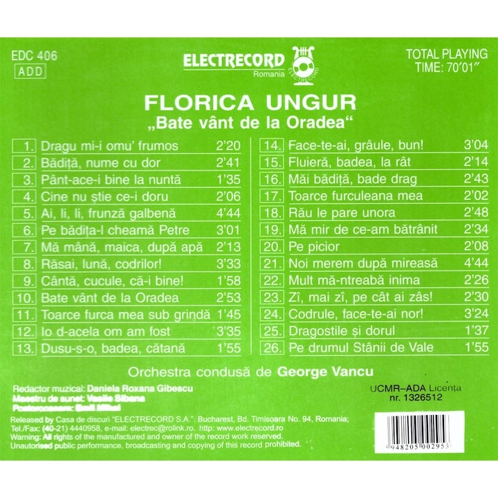 Florica Ungur - Bate vant de la Oradea - CD