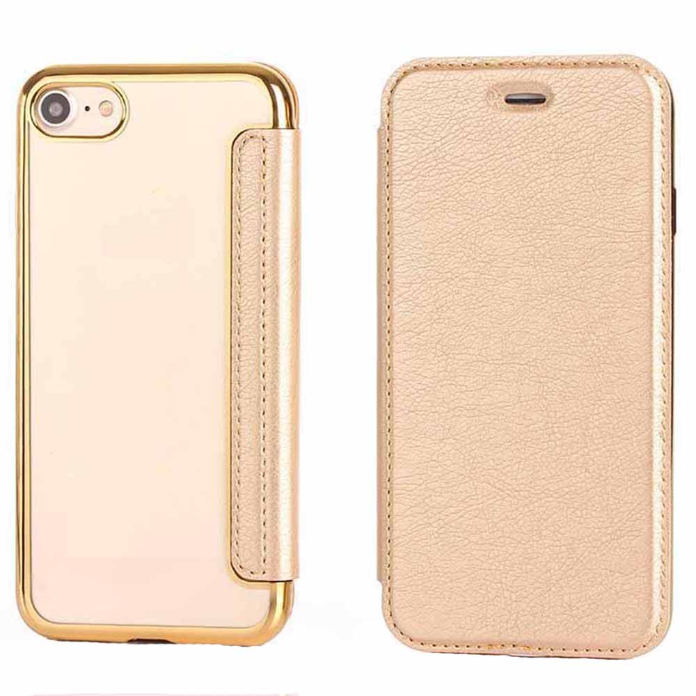 Husa carte Compatibil cu Samsung Galaxy S7 Edge, Slim Electro Book, Buzunar Compatibil cu card, Margini electroplacate, Piele ecologica si silicon transparent pe spate, Auriu