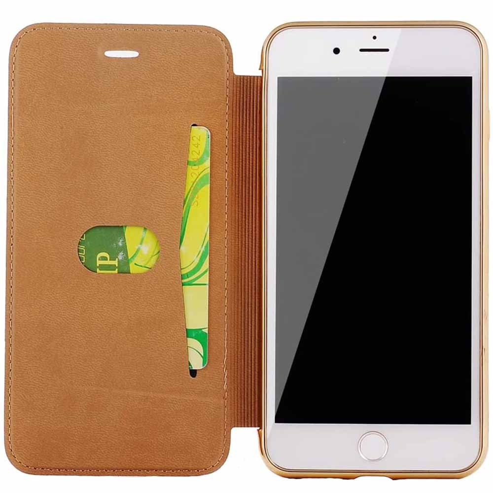 Husa carte Compatibil cu Samsung Galaxy S7 Edge, Slim Electro Book, Buzunar Compatibil cu card, Margini electroplacate, Piele ecologica si silicon transparent pe spate, Auriu