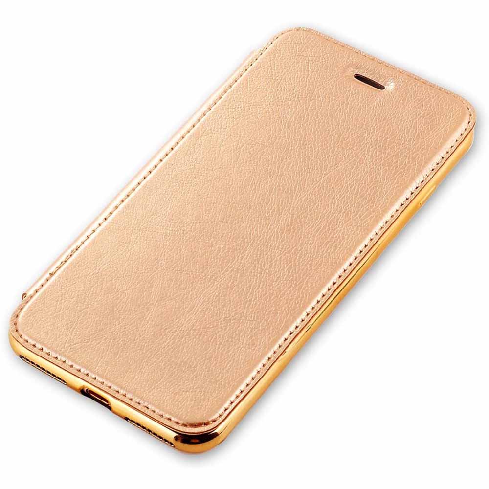 Husa carte Compatibil cu Samsung Galaxy S7 Edge, Slim Electro Book, Buzunar Compatibil cu card, Margini electroplacate, Piele ecologica si silicon transparent pe spate, Auriu