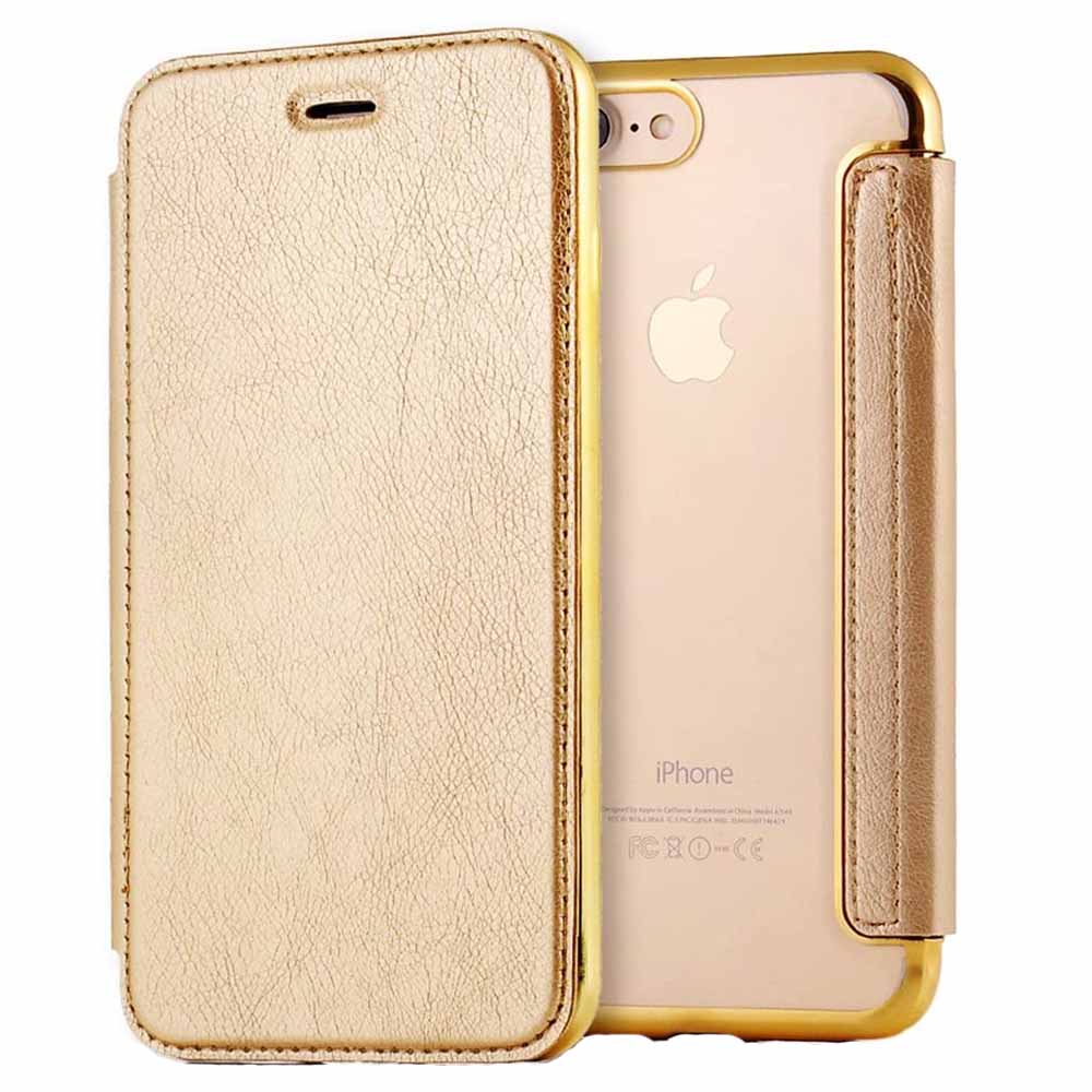 Husa carte Compatibil cu Samsung Galaxy S7 Edge, Slim Electro Book, Buzunar Compatibil cu card, Margini electroplacate, Piele ecologica si silicon transparent pe spate, Auriu