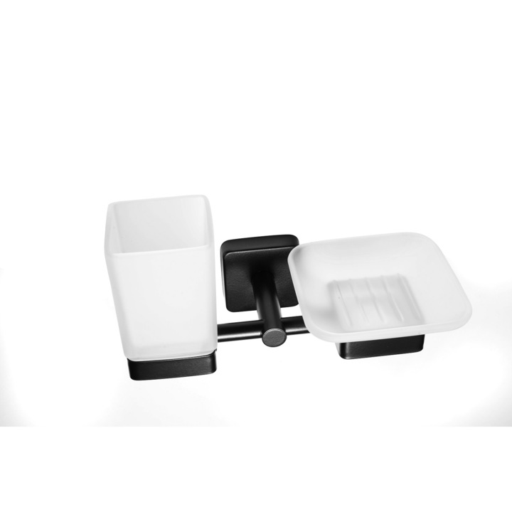 Suport pentru baie, Kapitan Quattro, pahar si sapun, negru mat, otel inoxidabil