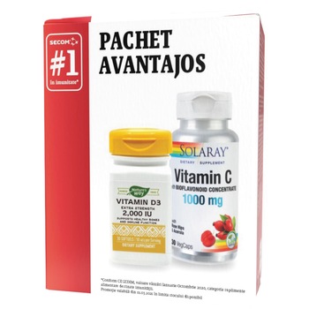 Pachet imunitate Vitamina C 1000mg, 30 capsule + Vitamina D3 2000 UI, 30 capsule, Secom Pachet imunitate Vitamina C 1000mg, 30 capsule + Vitamina D3 2000 UI, 30 capsule, Secom