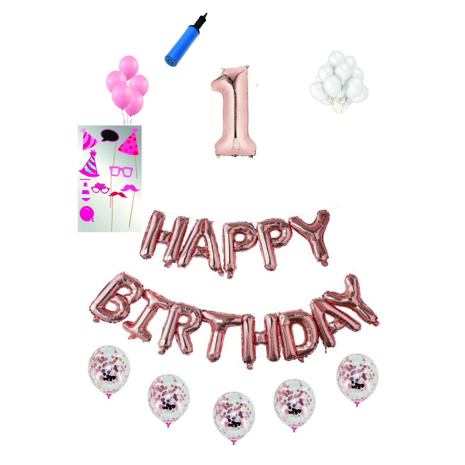 Set complet baloane Happy Birthday, pentru 1 an, Roz Gold, cifra 1 metru cu set de propsuri