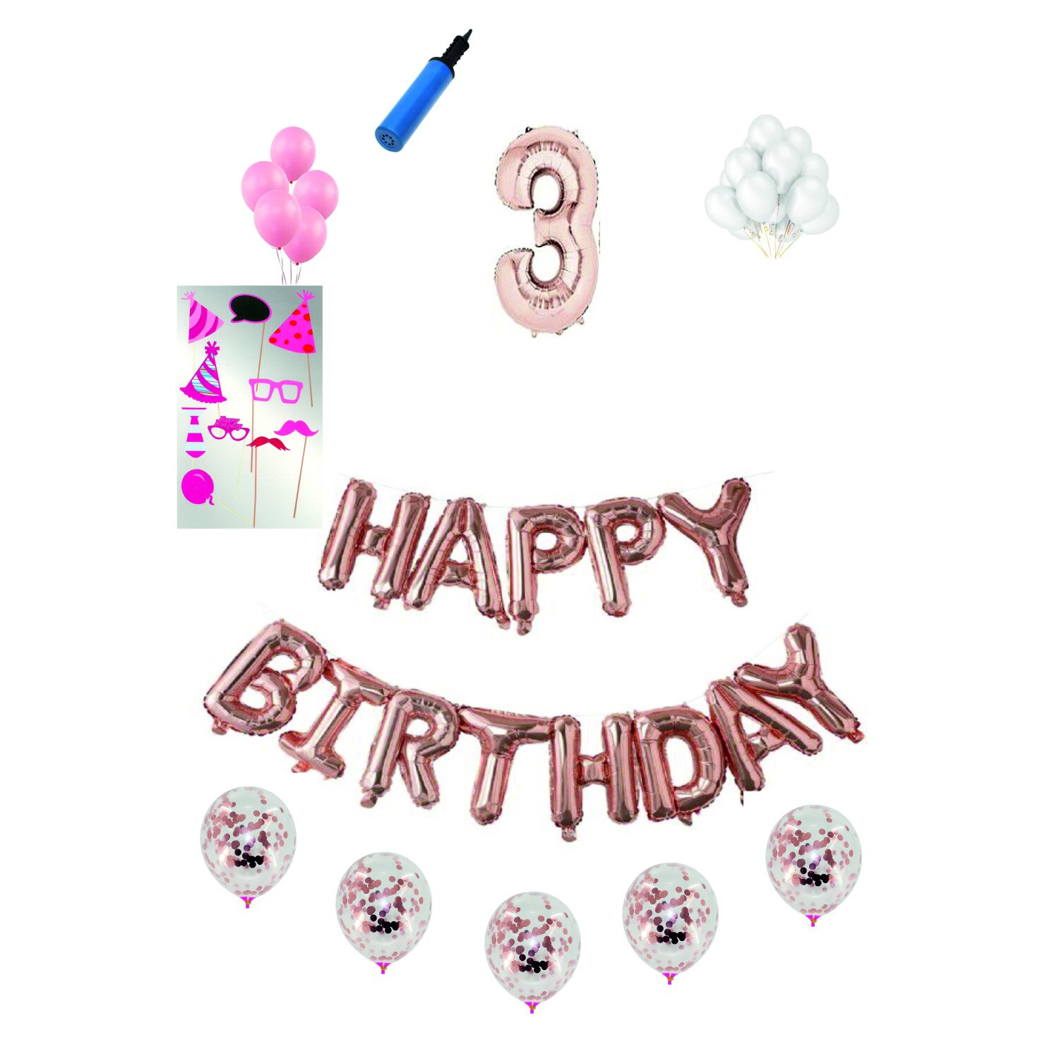 Set complet baloane Happy Birthday, pentru 3 ani, Roz Gold, cifra 1 metru cu set de propsuri