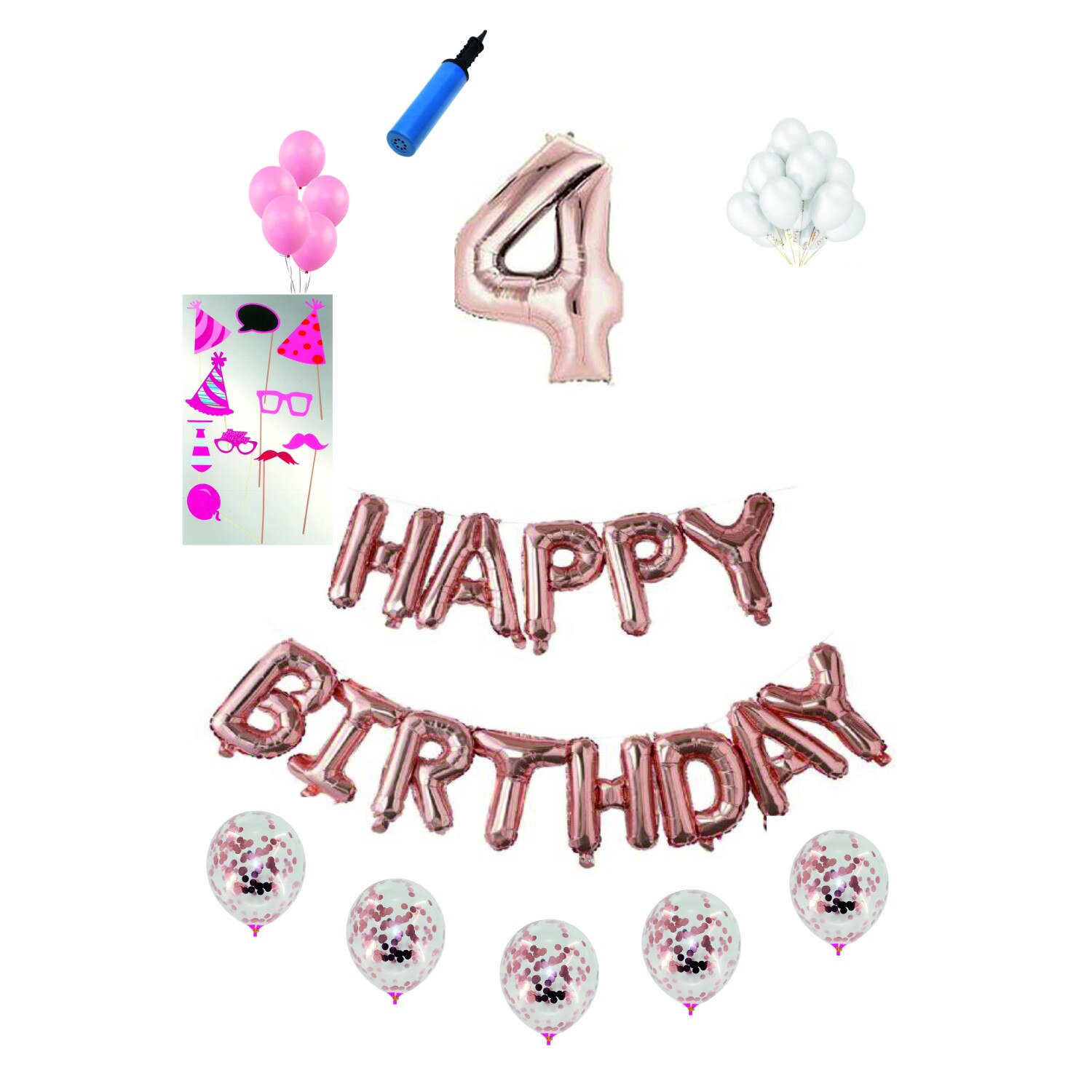 Set complet baloane Happy Birthday, pentru 4 ani, Roz Gold, cifra 1 metru cu set de propsuri