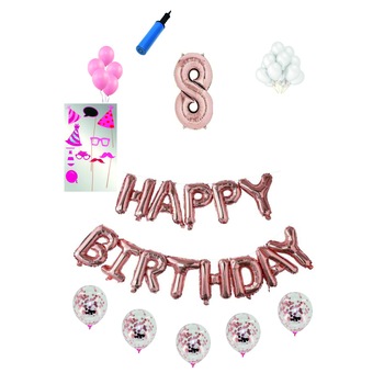 Set complet baloane Happy Birthday, pentru 8 ani, Roz Gold, cifra 1 metru cu set de propsuri Set complet baloane Happy Birthday, pentru 8 ani, Roz Gold, cifra 1 metru cu set de propsuri