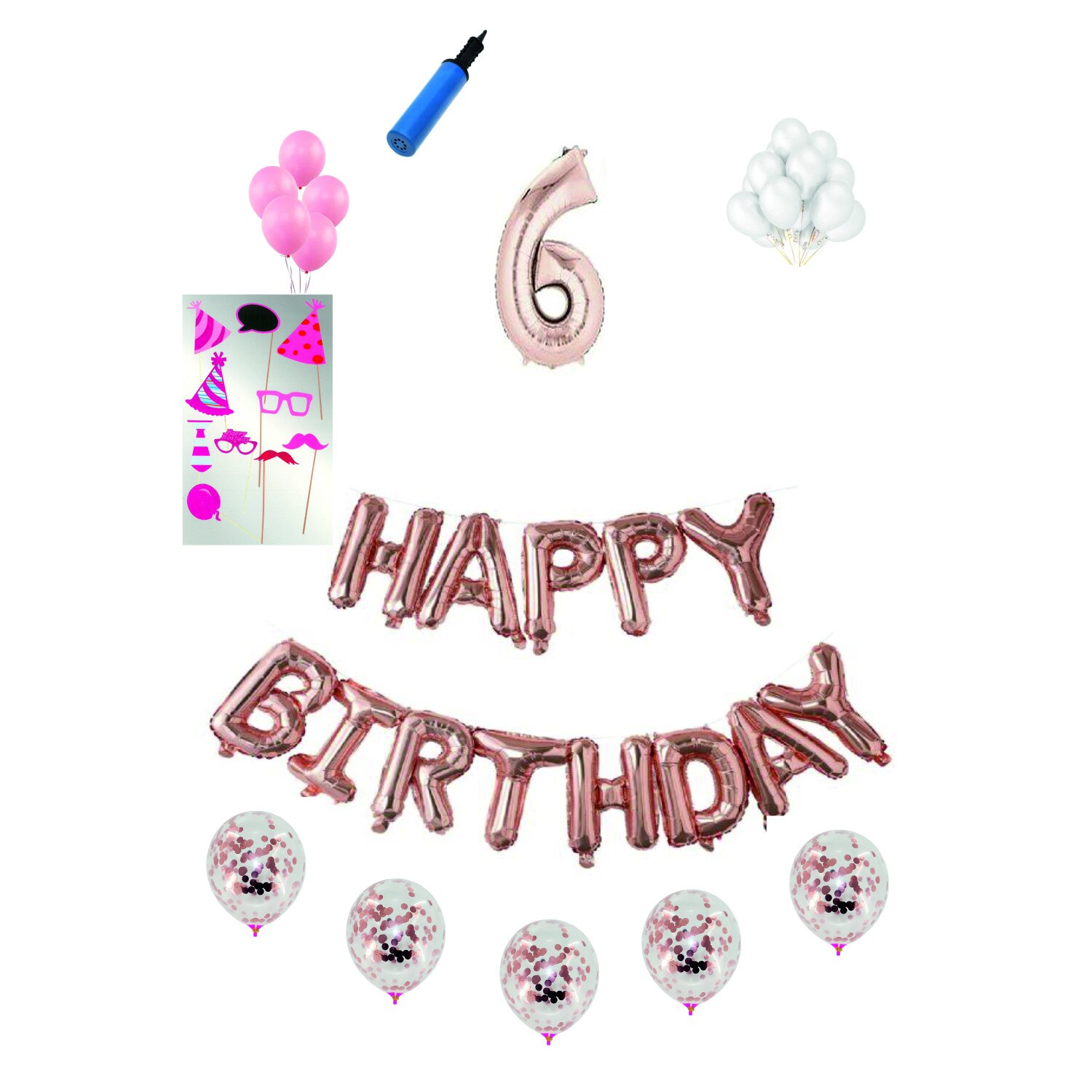 Set complet baloane Happy Birthday, pentru 6 ani, Roz Gold, cifra 1 metru cu set de propsuri