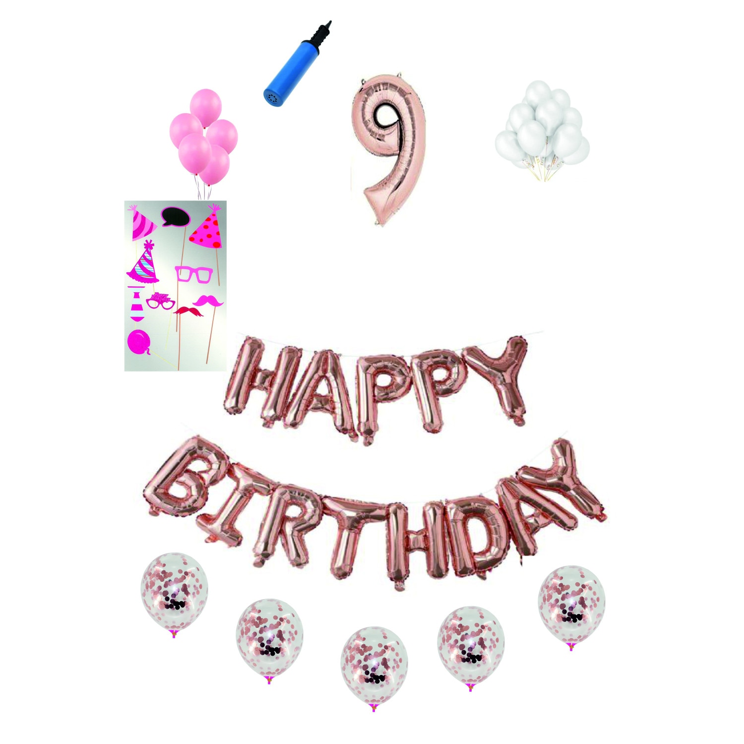 Set complet baloane Happy Birthday, pentru 9 ani, Roz Gold, cifra 1 metru cu set de propsuri