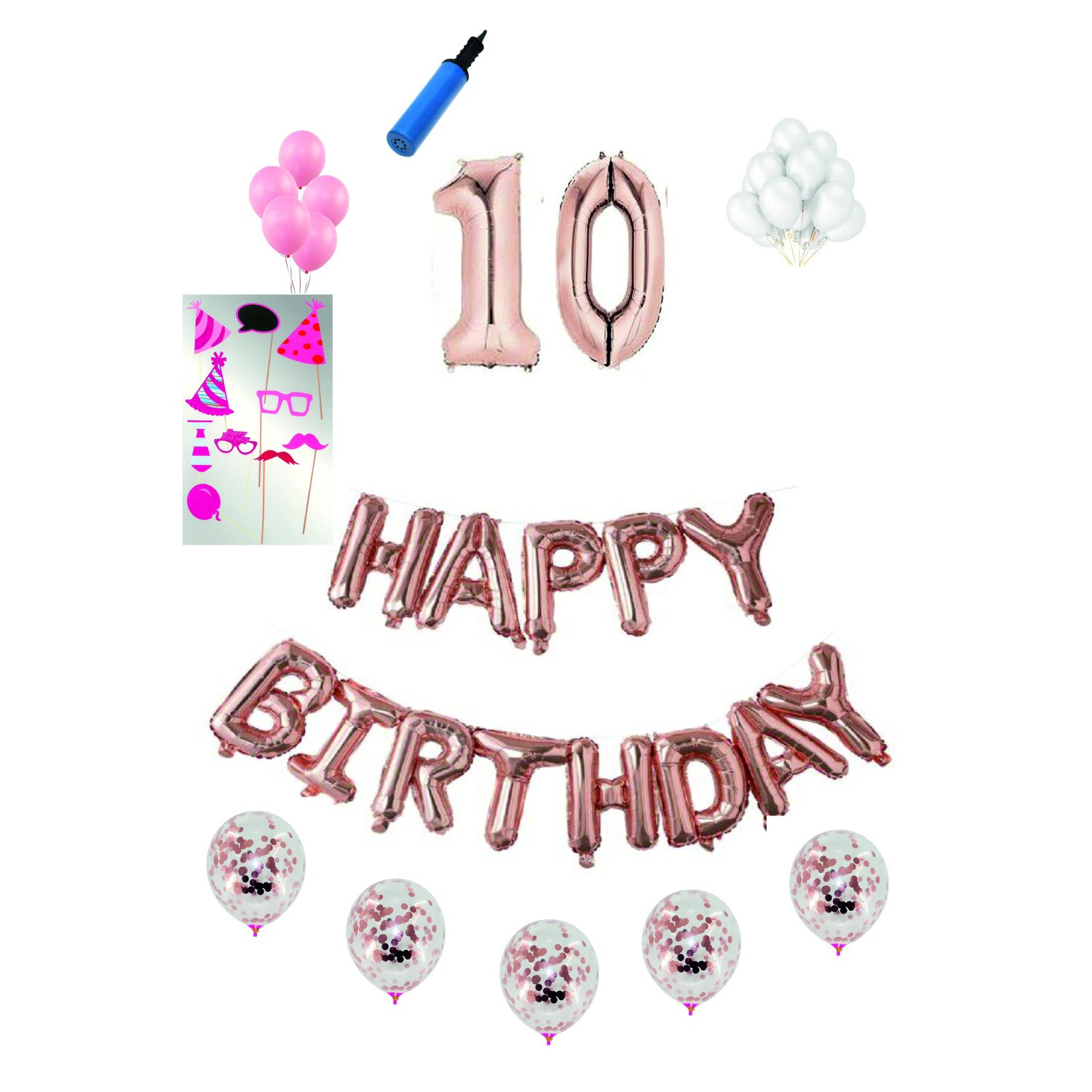 Set complet baloane Happy Birthday, pentru 10 ani, Roz Gold, cifra 1 metru cu set de propsuri