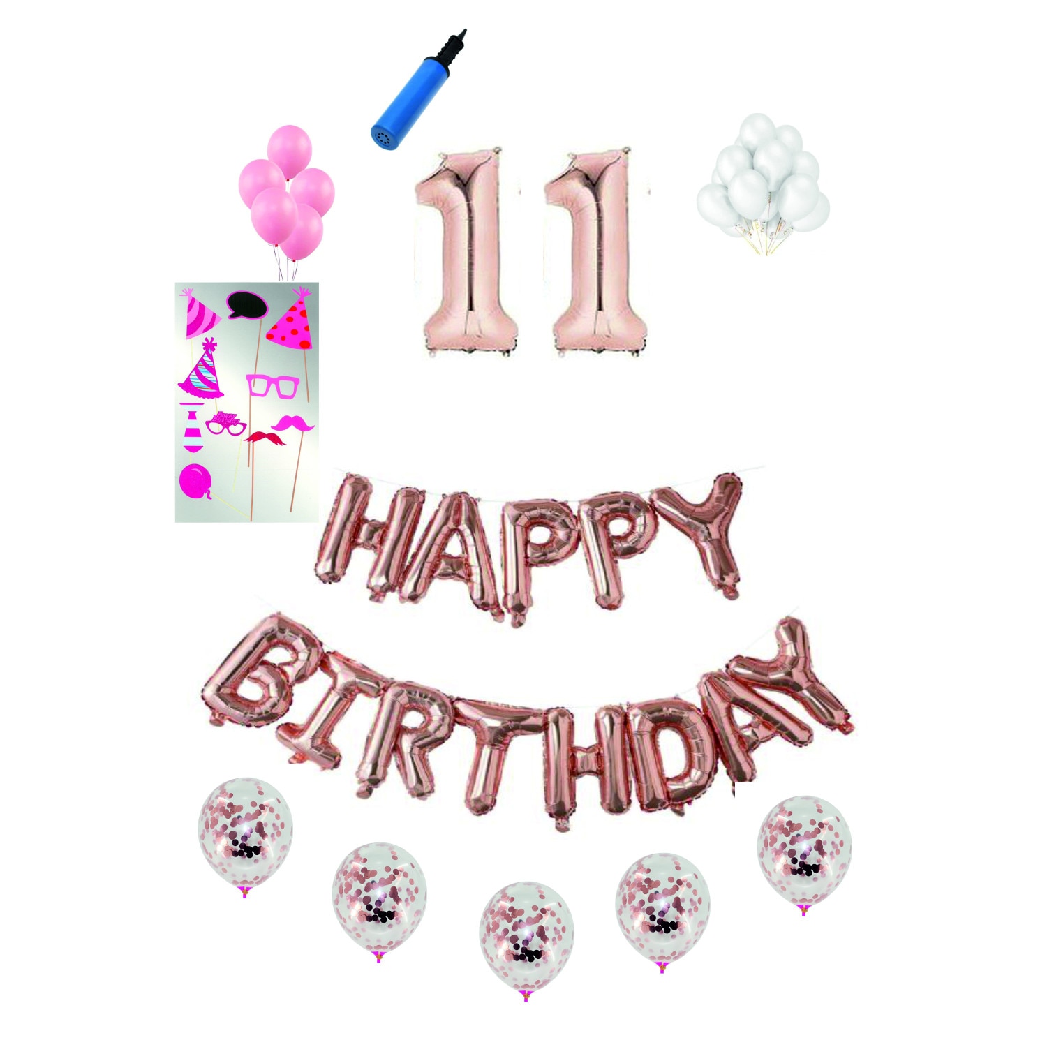 Set complet baloane Happy Birthday, pentru 11 ani, Roz Gold, cifra 1 metru cu set de propsuri