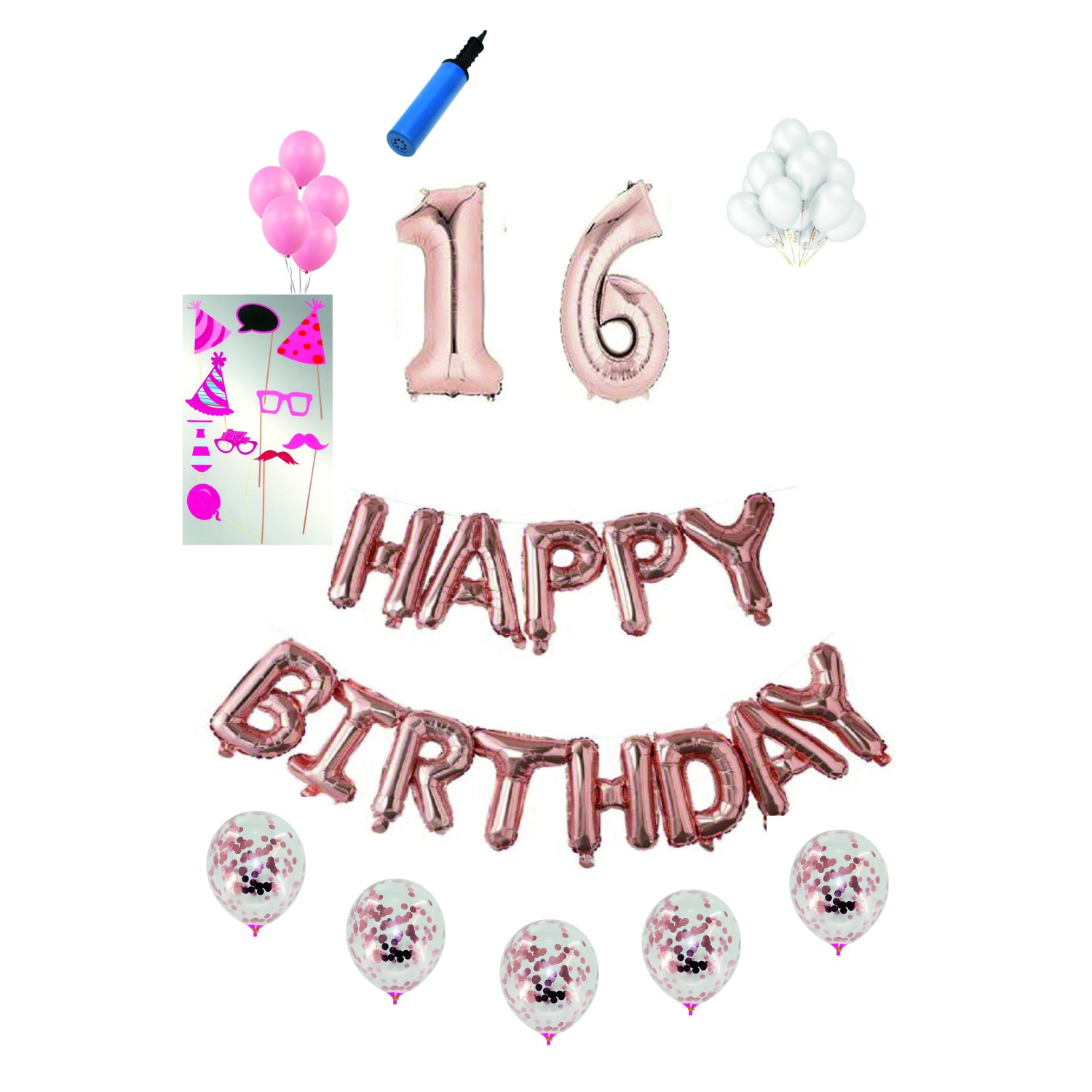 Set complet baloane Happy Birthday, pentru 16 ani, Roz Gold, cifra 1 metru cu set de propsuri