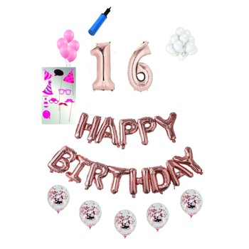 Set complet baloane Happy Birthday, pentru 16 ani, Roz Gold, cifra 1 metru cu set de propsuri Set complet baloane Happy Birthday, pentru 16 ani, Roz Gold, cifra 1 metru cu set de propsuri