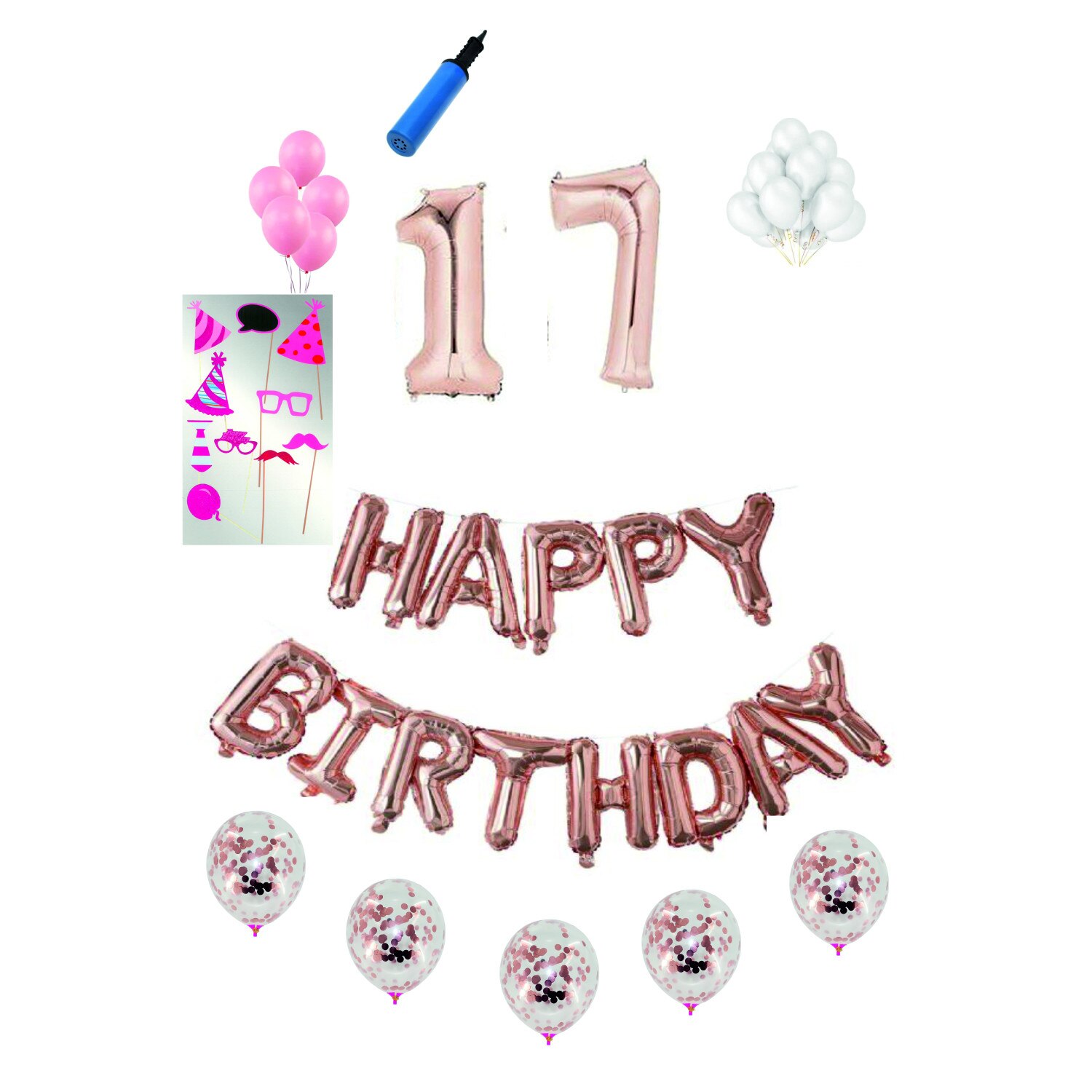 Set complet baloane Happy Birthday, pentru 17 ani, Roz Gold, cifra 1 metru cu set de propsuri