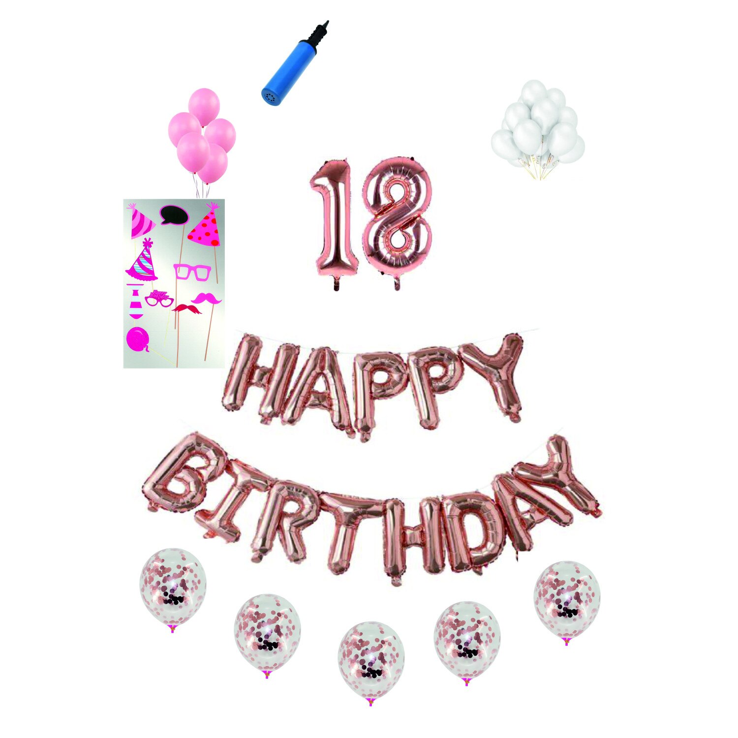 Set complet baloane Happy Birthday, pentru 18 ani, Roz Gold, Majorat, cifra 1 metru cu set de propsuri