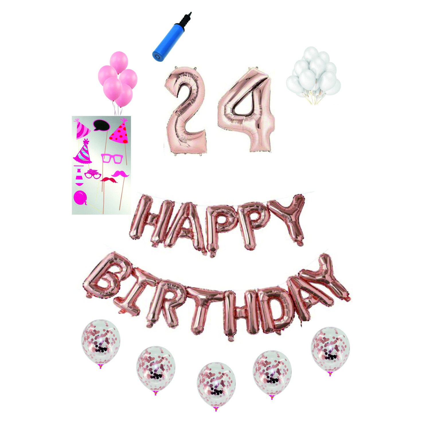 Set complet baloane Happy Birthday, pentru 24 ani, Roz Gold, cifra 1 metru cu set de propsuri
