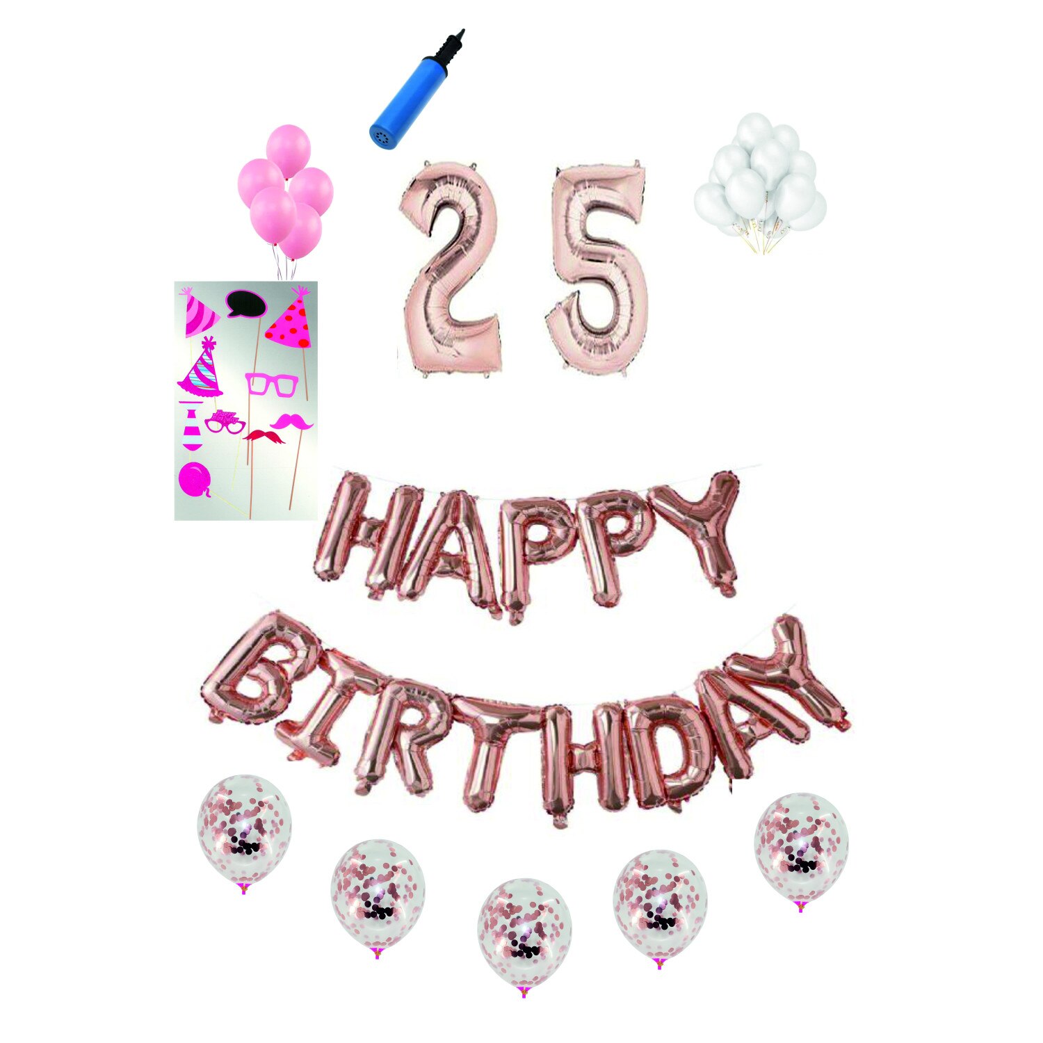 Set complet baloane Happy Birthday, pentru 25 ani, Roz Gold, cifra 1 metru cu set de propsuri
