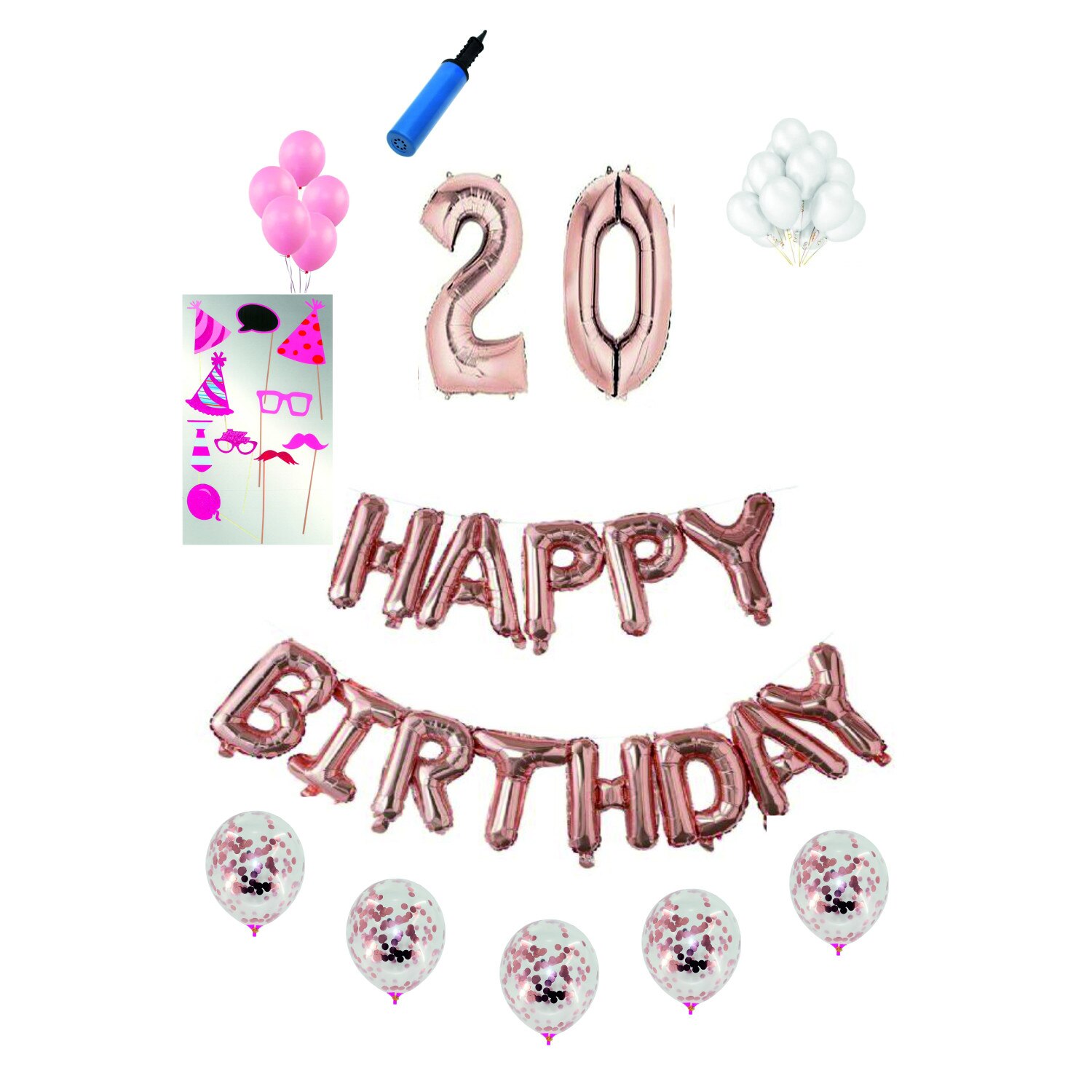 Set complet baloane Happy Birthday, pentru 20 ani, Roz Gold, cifra 1 metru cu set de propsuri