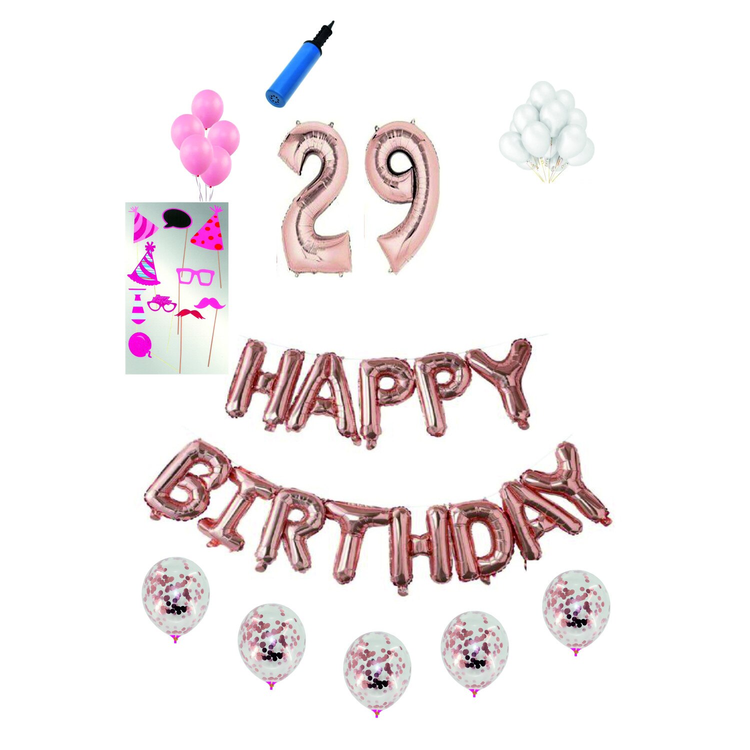 Set complet baloane Happy Birthday, pentru 29 ani, Roz Gold, cifra 1 metru cu set de propsuri
