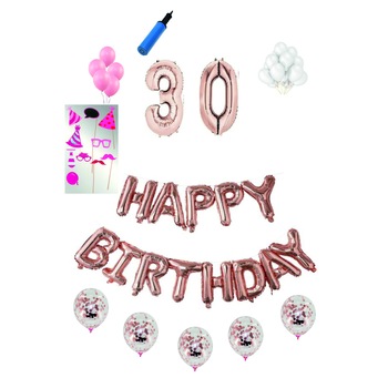 Set complet baloane Happy Birthday, pentru 30 ani, Roz Gold, cifra 1 metru cu set de propsuri Set complet baloane Happy Birthday, pentru 30 ani, Roz Gold, cifra 1 metru cu set de propsuri