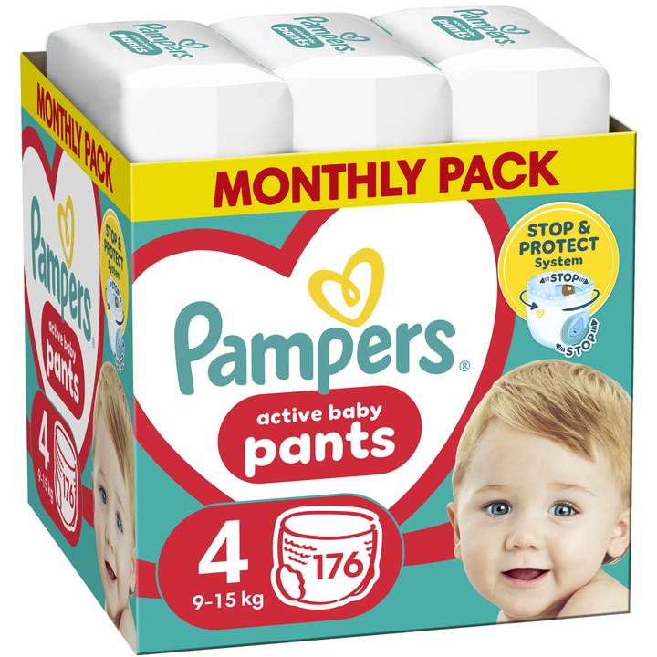 Пелени-гащички Pampers Active Baby Pants Размер 4, 9-15 кг, 176 бр.