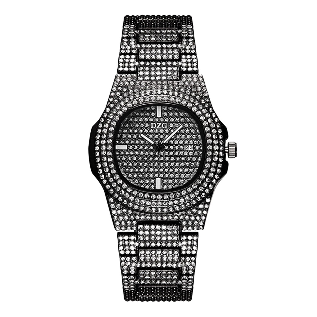 Ceas de dama elegant Full Crystals Square, afisaj data, negru