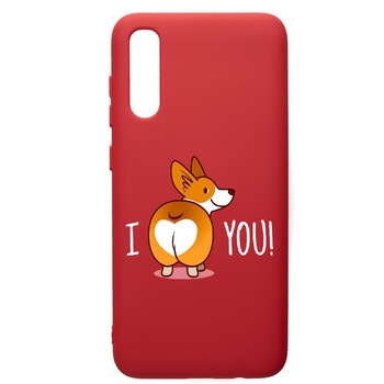 Husa de protectie Samsung Galaxy A70, Sweet Doggy Emoji, silicon, cu interiorul din material textil, protectie camera, Red, PR593 Husa de protectie Samsung Galaxy A70, Sweet Doggy Emoji, silicon, cu interiorul din material textil, protectie camera, Red, PR593