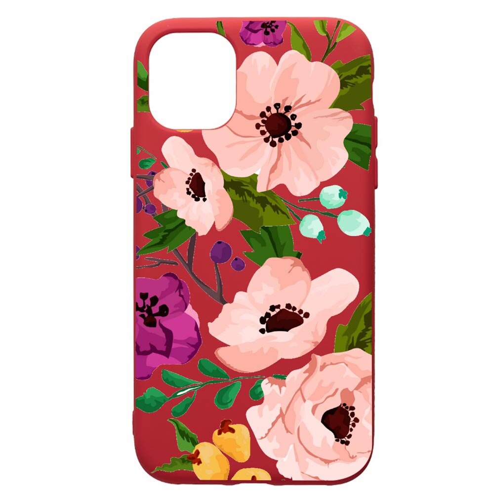 Husa de protectie Apple iPhone 11 Pro, Flowers, silicon, cu interiorul din material textil, protectie camera, Red, PR629
