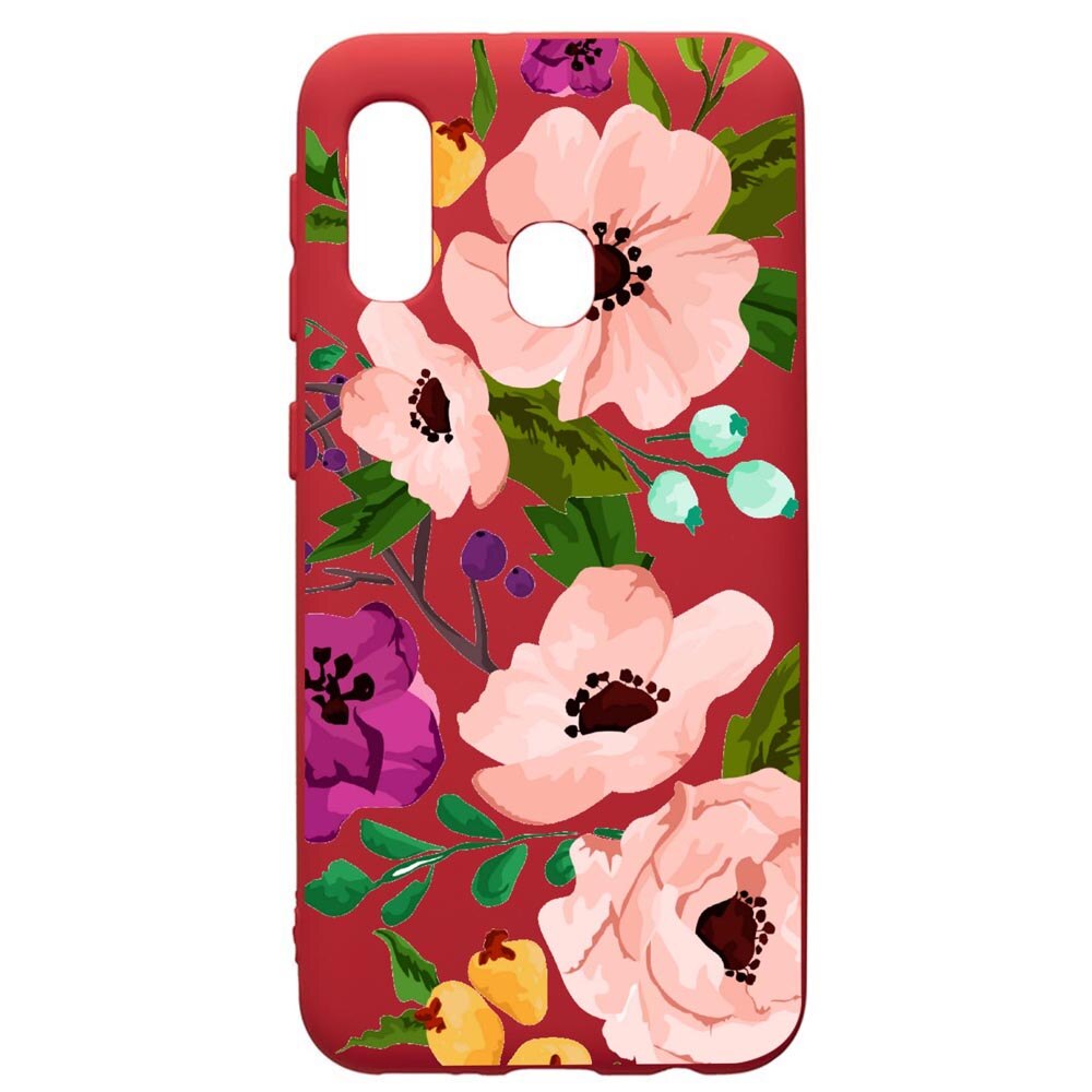 Husa de protectie Samsung Galaxy A20E, Flowers, silicon, cu interiorul din material textil, protectie camera, Red, PR629