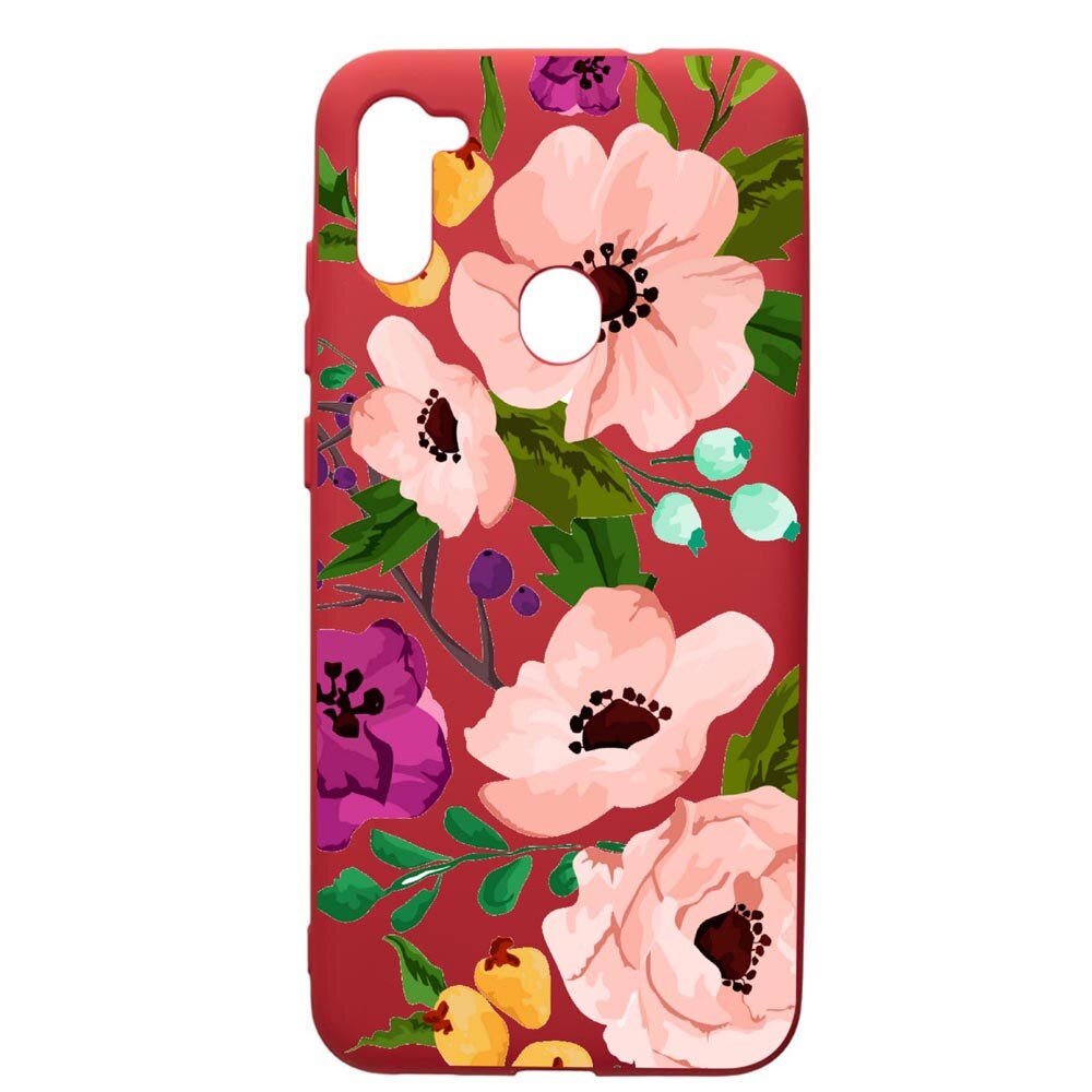 Husa de protectie Samsung Galaxy A11, Flowers, silicon, cu interiorul din material textil, protectie camera, Red, PR629