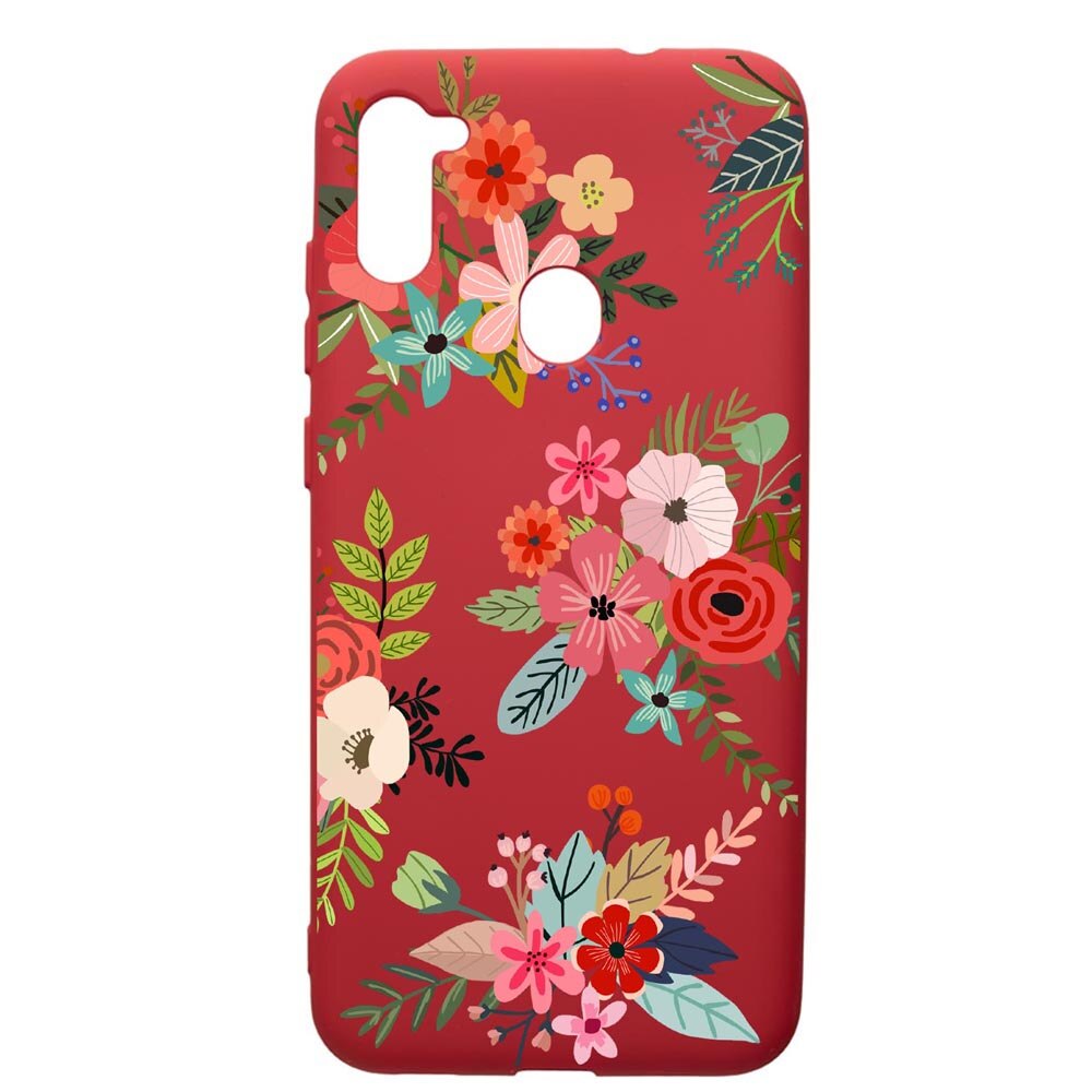 Husa de protectie Samsung Galaxy A11, Flowers, silicon, cu interiorul din material textil, protectie camera, Red, PR630