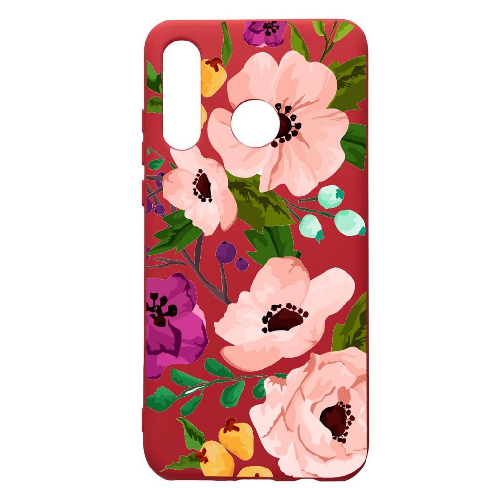 Husa de protectie Huawei P30 Lite, Flowers, silicon, cu interiorul din material textil, protectie camera, Red, PR629