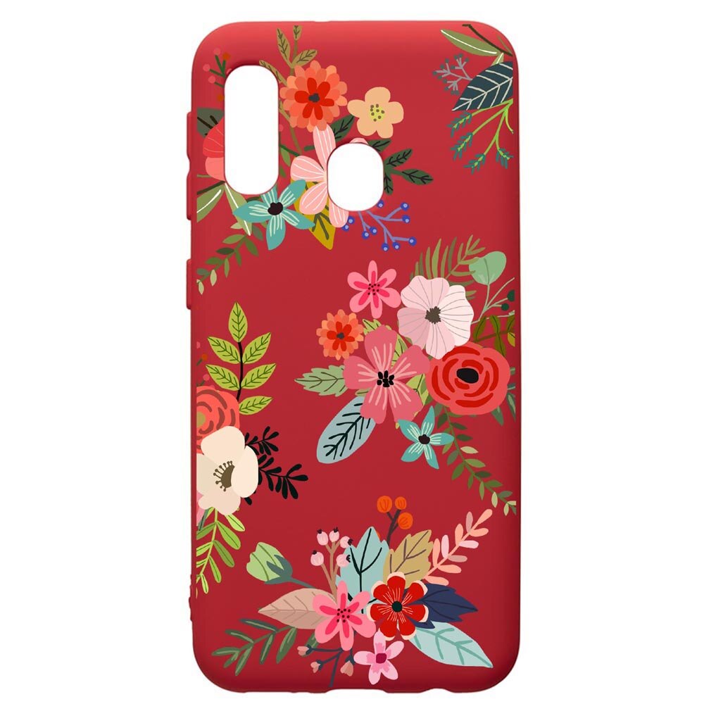 Husa de protectie Samsung Galaxy A40, Flowers, silicon, cu interiorul din material textil, protectie camera, Red, PR630