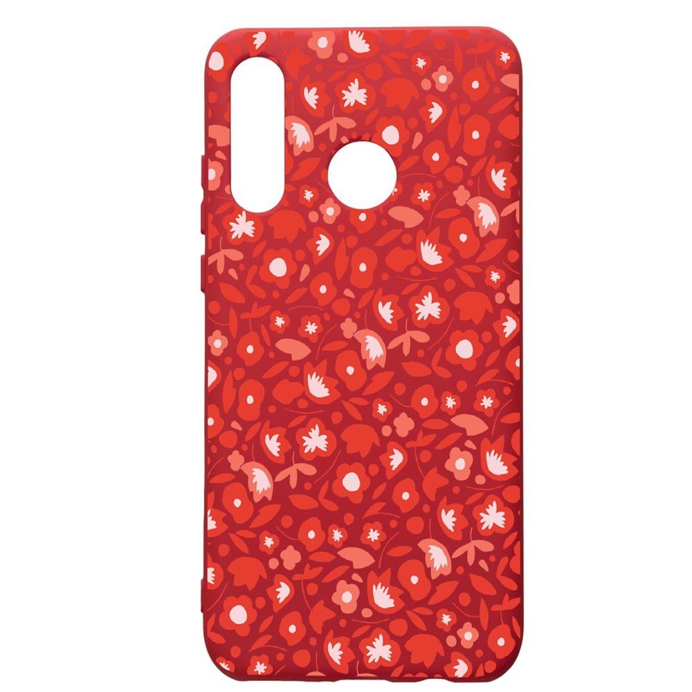 Husa de protectie Huawei P30 Lite, Red Flowers Pattern, silicon, cu interiorul din material textil, protectie camera, Red, PR631