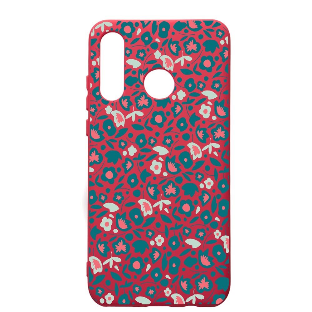 Husa de protectie Huawei P30 Lite, Green Flowers Pattern, silicon, cu interiorul din material textil, protectie camera, Maroon, PM632